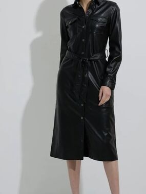 Joseph Ribkoff Black Long-Sleeve Faux Leather Shirt Dress